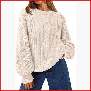 Oversized Cable Knit Pullover Sweater Soft Cotton Blend Relaxed Fit